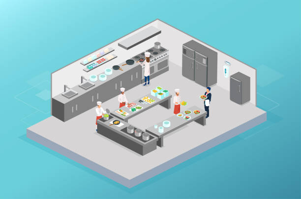 ilustrações de stock, clip art, desenhos animados e ícones de vector of chefs working cooking in the kitchen of a restaurant - commercial kitchen illustrations