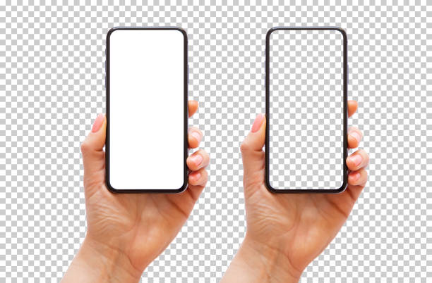 мобильный телефон в руке, прозрачный фоновый шаблон - smartphone стоковые фото и изображения