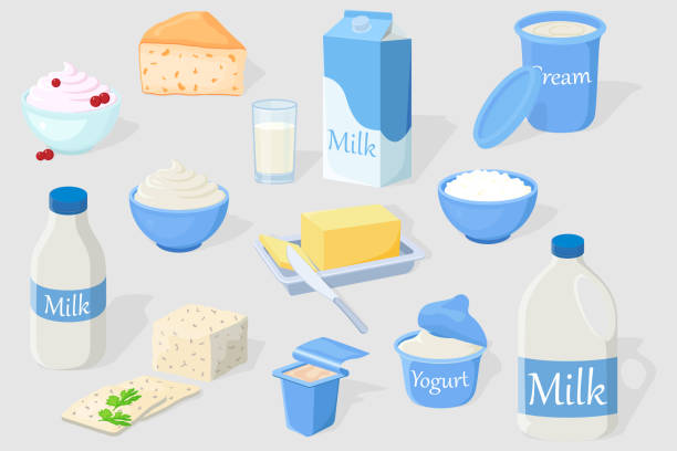 ilustrações de stock, clip art, desenhos animados e ícones de a set of dairy products on a gray background - yogurt