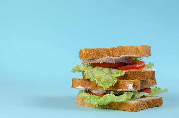 istock Ready-to-eat food on a light blue background. A stack of appetizing sandwiches with chopped ham, tomatoes, dill, lettuce, and white sauce. 1324040530