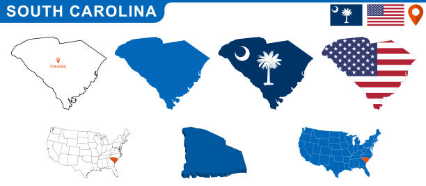 ilustraciones, imágenes clip art, dibujos animados e iconos de stock de mapa y bandera del estado de carolina del sur. - south carolina flag interface icons symbol