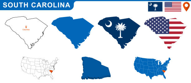 사우스 캐롤라이나지도와 플래그의 미국 상태. - south carolina flag interface icons symbol stock illustrations