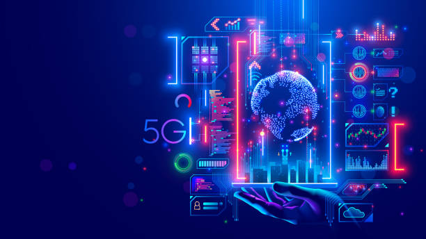 ilustrações, clipart, desenhos animados e ícones de 5g conceito de comunicação de internet. tecnologia iot em cidade inteligente do futuro. conexão de rede sem fio global. sistema de telecomunicações em infraestrutura urbana. oi velocidade mundial web. wi-fi. - telecommunications equipment