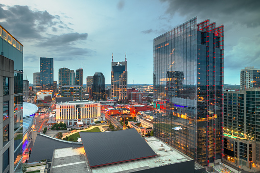 Nashville, Tennessee, USA downtown cityscape at dusk.