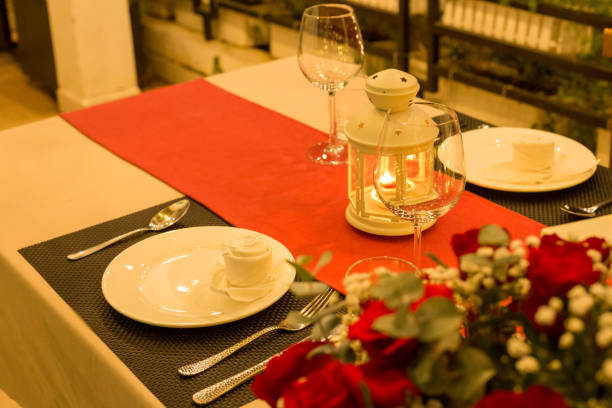 istock Dinner Table set up for valentine's day couple restaurant 1324040985