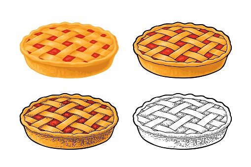 Whole homemade fruit pie. Vector color realistic and engraving illustration for poster, label and menu bakery shop. Isolated on the white background. Hand drawn design element