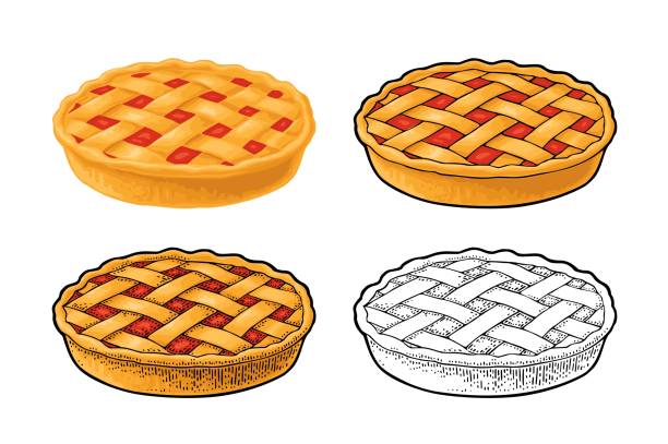 Whole homemade fruit pie. Vector color realistic illustration Whole homemade fruit pie. Vector color realistic and engraving illustration for poster, label and menu bakery shop. Isolated on the white background. Hand drawn design element sweet pie stock illustrations