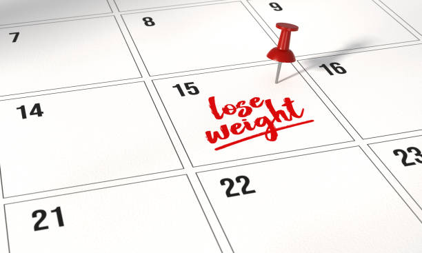 perdere la nota di promemoria peso e aggiungere sul calendario. - dieting planning calendar event foto e immagini stock