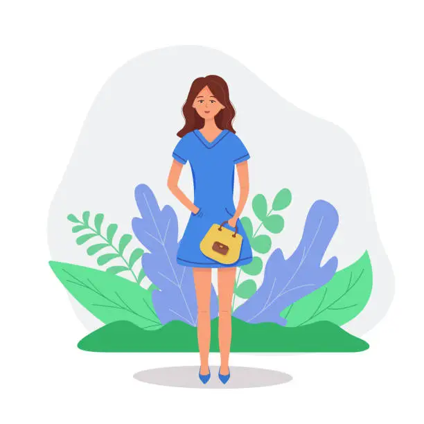 Vector illustration of A young fashionable girl stands with nature and abstract leaves. Fashion style concept, vector cartoon character illustration.