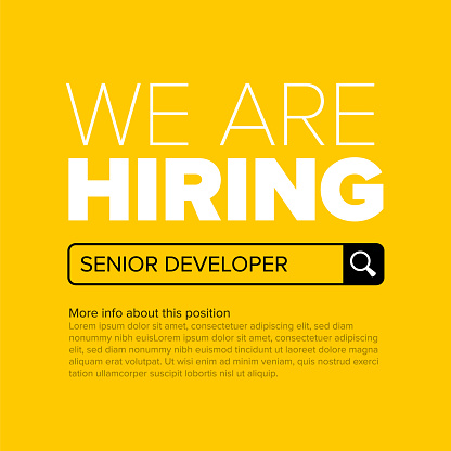 We are hiring minimalistic yellow flyer template - looking for new members of our team hiring a new member colleages to our company organization team simple motive with magnifying glass and search button