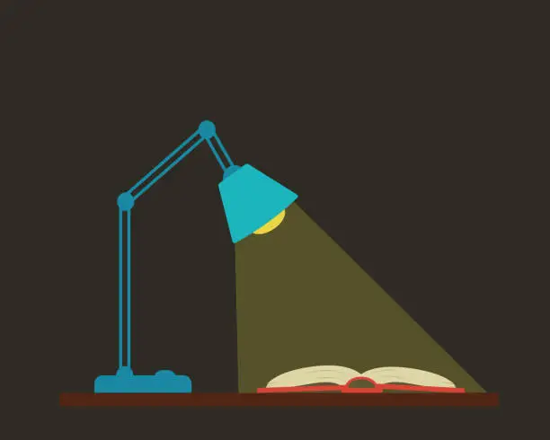 Vector illustration of Table lamp and an open book, the light from the lamp falls on the pages of the book, Vector illustration in a flat style on a black background.