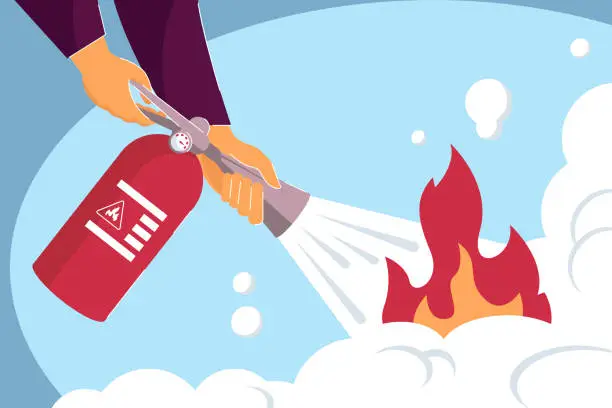 Vector illustration of Two hands holding fire extinguisher and putting out fire