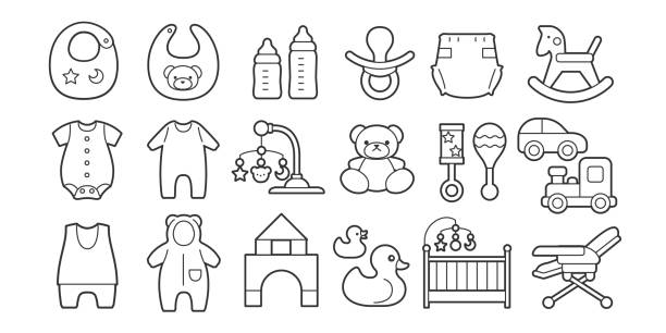 stockillustraties, clipart, cartoons en iconen met baby products icon set - hobbelpaard