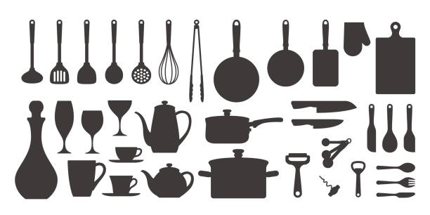 küche utensilien silhouette icon set - tea cup coffee cup teapot domestic kitchen stock-grafiken, -clipart, -cartoons und -symbole