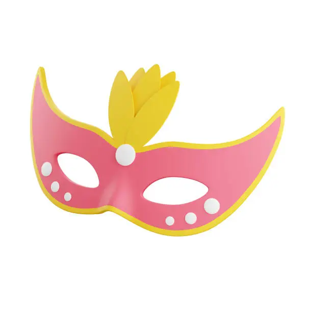 Carnival mask 3d render illustration. Pink face masquerade mask decorated with yellow feathers for holiday party or festival concept isolated on white background.