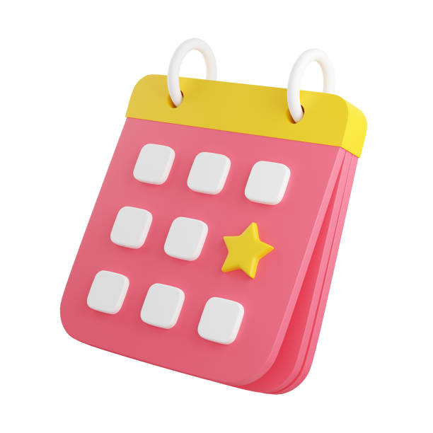 calendar with marked date 3d render illustration. pink organizer with noted with star day. - driedimensionaal illustraties stockfoto's en -beelden