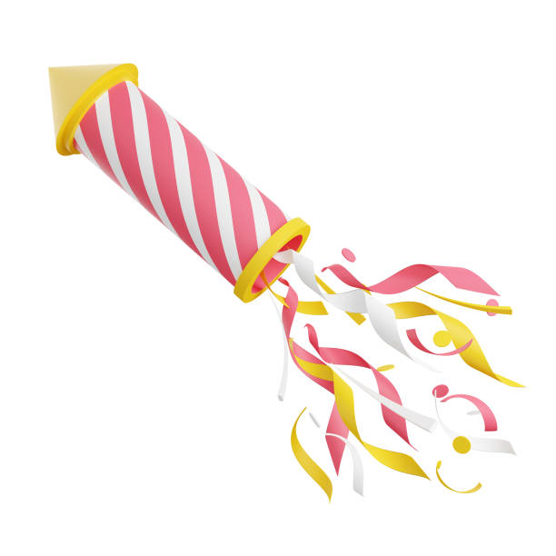feu d’artifice avec confettis 3d rendu illustration. fusée volante rayée rose et jaune avec des étincelles. - pétard à mèche photos et images de collection