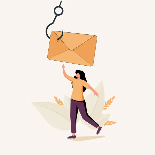 Vector illustration of Woman taking envelope put on hook. Concept of fishing electronic message, suspicious e-mail, scam letter.