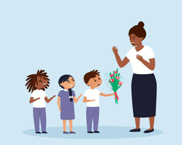 Children give flowers to their teacher or educator Children give flowers to their teacher or educator. International boys and girls prepared a bouquet for Teacher's Day. Flat vector illustration. happy teacher day stock illustrations