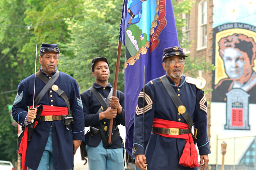 Philadelphia, PA, USA - June 20, 2015; Community participates in the Juneteenth Independence Day or Freedom Day in the historic Germantown section of Northwest Philadelphia, PA, USA on June 20, 2015. The annual event commemorates the announcement of abolition of slavery on June 19, 1865.