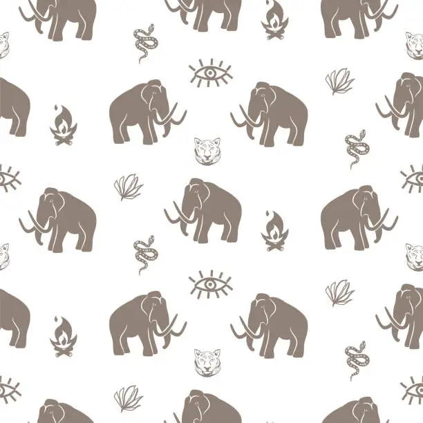 Vector illustration of Mammoth seamless pattern with tiger and snake stone age theme background