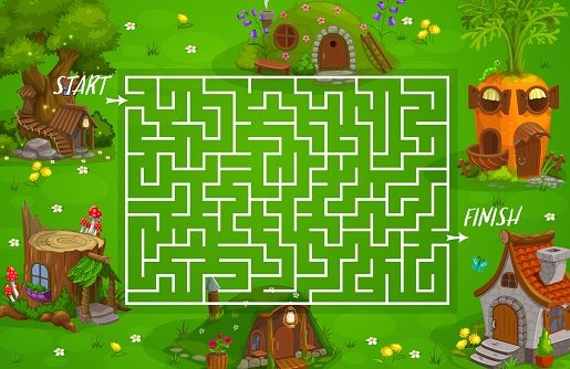 Labyrinth maze fairy houses and dwellings. Vector kid game with cute homes in shape of carrot, stump with fly agarics, tree with stairs and stone house. Cartoon game for children, fantasy forest homes