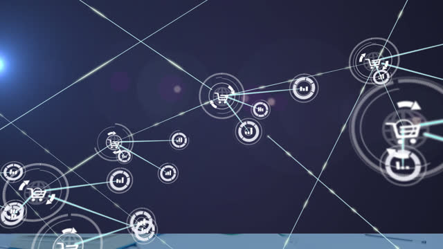 Animation of network of connections with online shopping icons on purple background