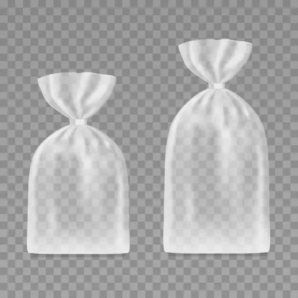 Vector illustration of Two transparent plastic bags with clip isolated on transparent. Package mockup. Vector 3d realistic. Blank template. Cellophane packaging for various products. Big and small. Ready for design. EPS10.