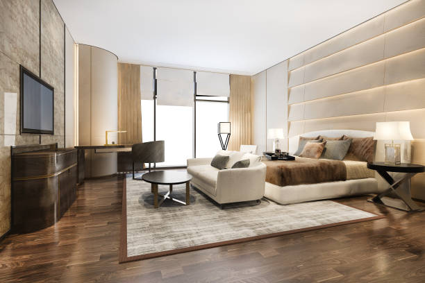istock 3d rendering beautiful comtemporary luxury bedroom suite in hotel with tv and sofa 1324061009
