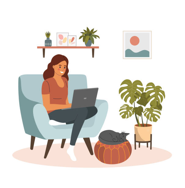 illustrations, cliparts, dessins animés et icônes de jeune femme se détend sur une chaise confortable et en utilisant un ordinateur portable. — est posé sur le pouf. illustration vectorielle plate - living room