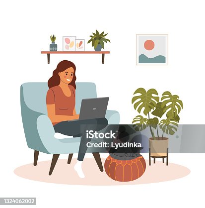 istock Young woman is relaxing on comfortable chair and using laptop. Ð¡at is lying on the ottoman. Vector flat illustration 1324062002