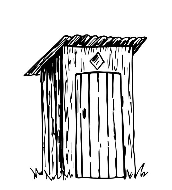 Hand-drawn simple vector drawing. Outdoor rustic toilet, wooden structure. Village restroom. Hand-drawn simple vector drawing. Outdoor rustic toilet, wooden structure. Village restroom. Outhouse stock illustrations