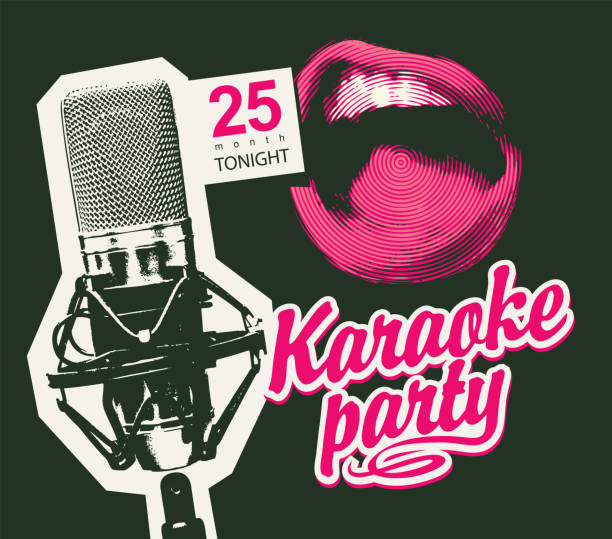 banner for karaoke party with a singing mouth Vector music poster for karaoke party with a studio microphone, a singing mouth and a pink calligraphic inscription on a black background. Suitable for advertising poster, banner, flyer, invitation microphone stock illustrations