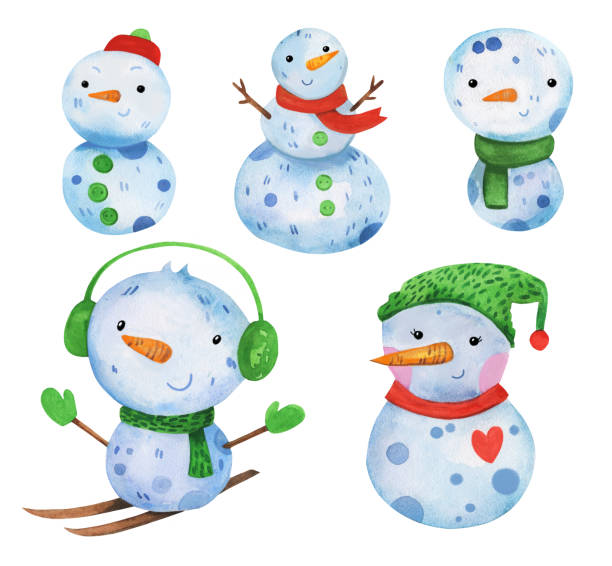 CuteChristmas snowman hand drawn in watercolor Watercolor aquarelle snowmen group of objects set for card decoration. caricature portrait board stock illustrations