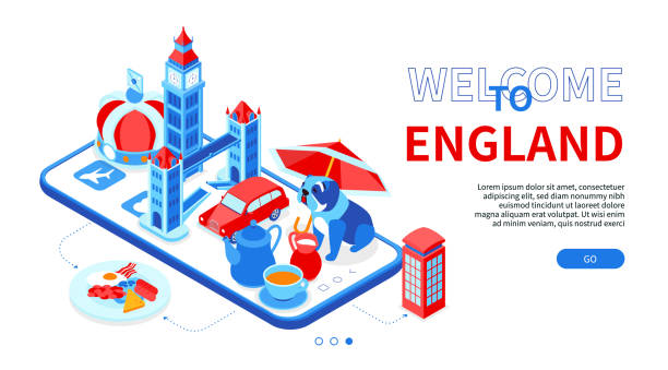 willkommen in england - bunte isometrische web-banner - big ben isometric london england famous place stock-grafiken, -clipart, -cartoons und -symbole