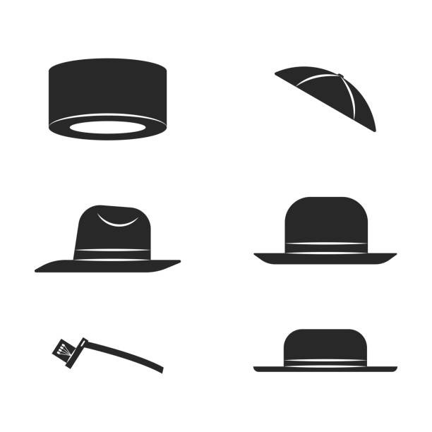 ilustrações, clipart, desenhos animados e ícones de chapéus judeus tradicionais de vários tipos shtreimel, kippah, tefillin, fedora, homburg, cocares definem vetor preto e branco estilo mínimo - yarmulke