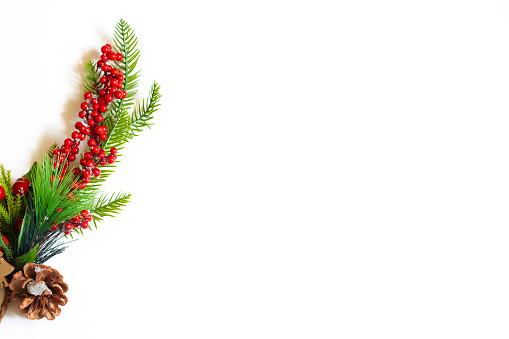 Christmas background spruce twig with red berries and a cone on a white background copy space