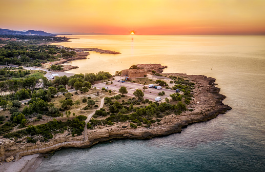 Aerial view of Costa Dorada seascape at sunrise, l'Ametlla de Mar, Tarragona, catalonia, Spain