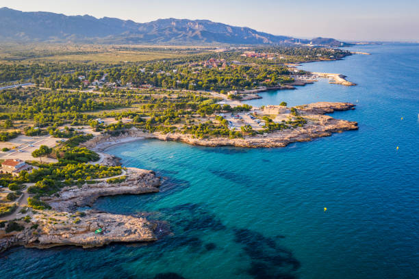 Aerial view of Costa Dorada, l'Ametlla de Mar, Tarragona, Spain Aerial view of Costa Dorada seascape, l'Ametlla de Mar, Tarragona, catalonia, Spain cambrils stock pictures, royalty-free photos & images