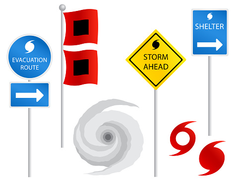 A set of hurricane related signs and symbols isolated on white. Evacuation route, shelter, hurricane flags, and storm ahead