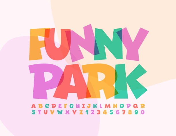 Vector Bright Emblem Funny Park. Artistic Alphabet Letters and Numbers Kids Playful Font playful font stock illustrations