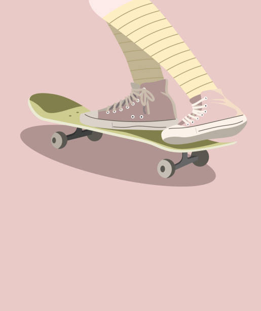 Skateboard pastel colors Vector. Retro skateboard pastel colors, modern trend design. Sport background. Vector illustration. Girl in socks. Skateboard pastel colors Vector. Retro quad skateboard pastel colors, modern trend design. Sport background. Vector illustration. Girl in socks. Template for card, poster, banner, label, print for t-shirt. skater girl stock illustrations