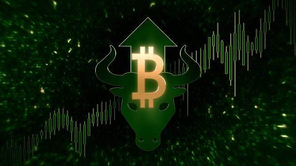 Bitcoin Trading Bull Market Green Cryptocurrency Graph Banner Background E-business fintech profit. Bitcoin cryptocurrency stock exchange market and upward graph in a Bull Market. Conceptual 3D illustration background for blockchain commerce growth and investment success bull market stock pictures, royalty-free photos & images
