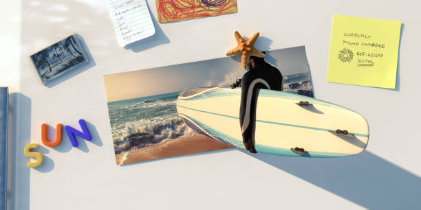 Surreal Scene Of Vacation Reminder, Fridge Magnets and Surfboard Going Into Postcard Close up of fridge / freezer with a vacation 'to do' sticky note, shopping list, drawing, fridge magnets spelling out 'sun', a tropical beach scene, and starfish holding up a postcard of a man in a wetsuit carrying a surfboard to the sea shore. The surfboard sticks out of the image on the postcard. magnet photos stock pictures, royalty-free photos & images