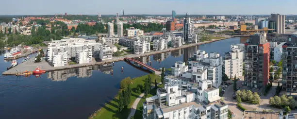 Aerial view of modern apartment buildings by lake Mälaren in Västerås in the Västmanland province of Sweden.