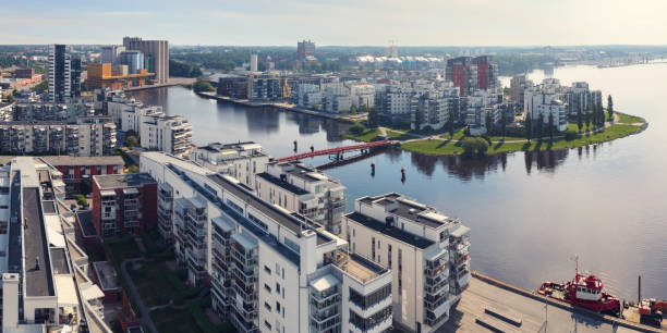 Modern residential area by the lake in Västerås Aerial view of modern apartment buildings by lake Mälaren in Västerås in the Västmanland province of Sweden. lake malaren photos stock pictures, royalty-free photos & images