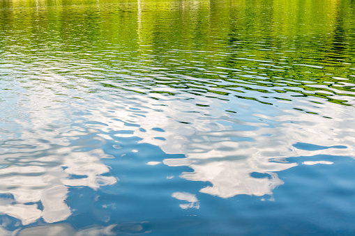 A calm lake surface shows the reflective ripples of the surrounding area and represents a peaceful, relaxing, gentle background for use in a variety of messaging.