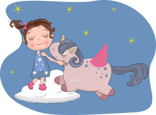 Vector illustration of cute little girl sleep and hug unicorn on the soft white cloud on blue sky golden stars, adorable baby cartoon background. lovely greeting card. vector illustration