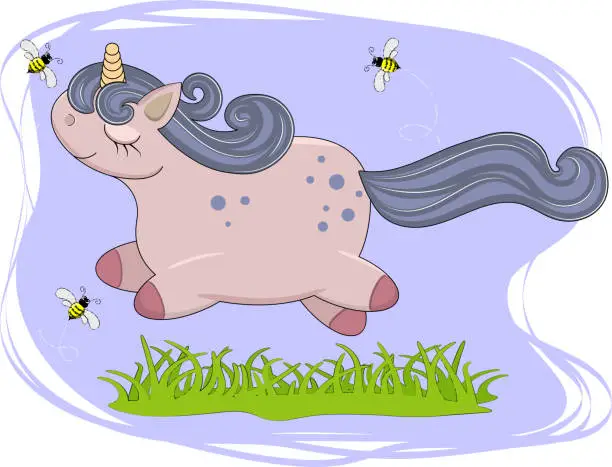 Vector illustration of little unicorn jump, adorable baby cartoon background with grass and bee. lovely greeting card. vector illustration.
