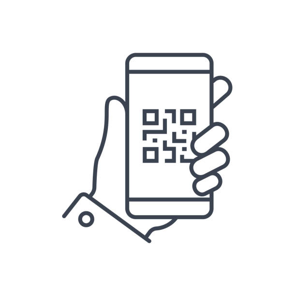ilustraciones, imágenes clip art, dibujos animados e iconos de stock de código qr smartphone en mano icono vector abstracto. ilustración vectorial de código de barras - phone